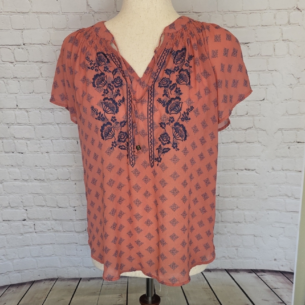 Mason & Belle Boho Floral Embroidered Tassel Peasant Blouse Coral Navy Medium